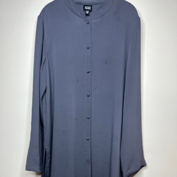 Eileen Fisher 100% Silk Gray Tunic Shirt Size M Mandarin Collar Knot Buttons - Picture 10 of 10